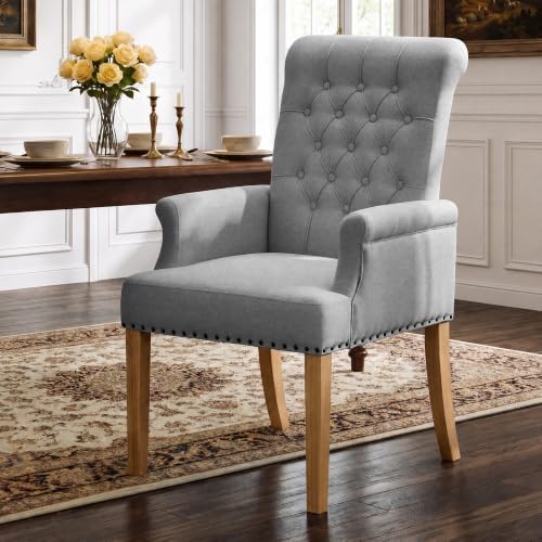 WUTUTUEE Fabric Dining Chair with Arms, Upholstered Tufted High Back Dining Room Chairs, Accent Armchair with Solid Wood Leg and Nailhead Trim, Kitchen Dining Living Room, Light Grey