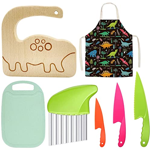 Image of FYLFOTA 7 Piece Wooden Kids Kitchen Knife Set Children's Cooking Safety Plastic Knife Potato Wavy Chopper Cutter Kids Fruit Baking Knife Toddler Kitchen Tools Kids Apron, Children's Day Gift