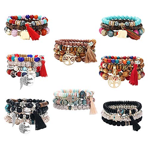 YADOCA 8 Pcs Bohemian Multicolor Wood Beaded Bracelets for Women Boho Multilayer Tassel Strand Stretch Lifetree Elephant Charm Bracelets Set Wings Feather Evil Eye