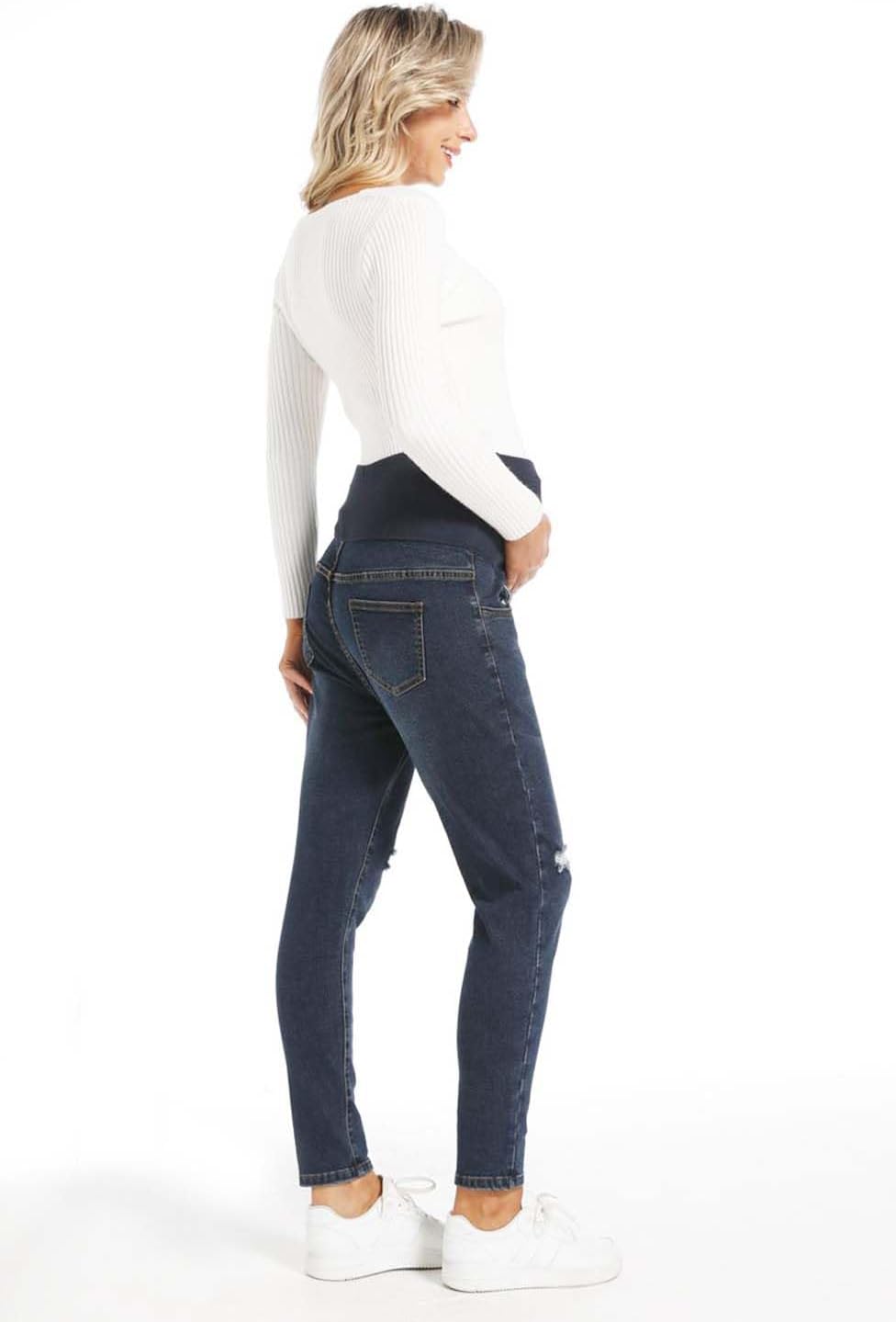 Maternity Over Belly Slim Stretch Jeans, Ripped Boyfriend Denim Pants Supportive Belly Band Pregnancy Postpartum