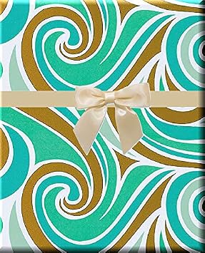 CakeSupplyShop Sea Aqua Beach Teal Gold White Costal Stripe Beach Sea Gift Wrap Wrapping Paper-12ft Folded Sheet w.10Gift Tags