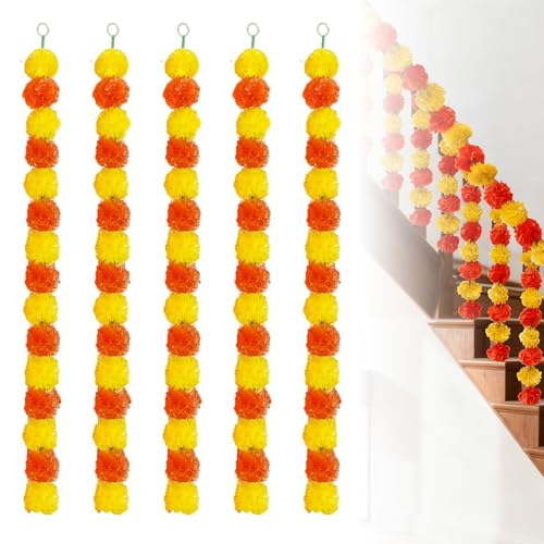 Wihozte 5Pcs Artificial Marigold Garland for Diwali Decorations 5Ft 150cm Faux Marigold Flowers Garland in Yellow & Orange Ideal for Home Indian Pooja Wedding Easter Halloween Hanging Decor