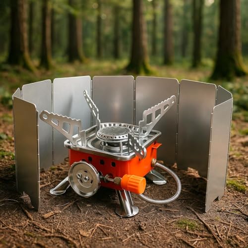 Image of Portable Gas Stove with Air Windscreen Camping Stove Folding Furnace 2800W Outdoor Stove Picnic Cooking Gas Burners Backpacking Furnace Butane (Stove + Wind Screen)
