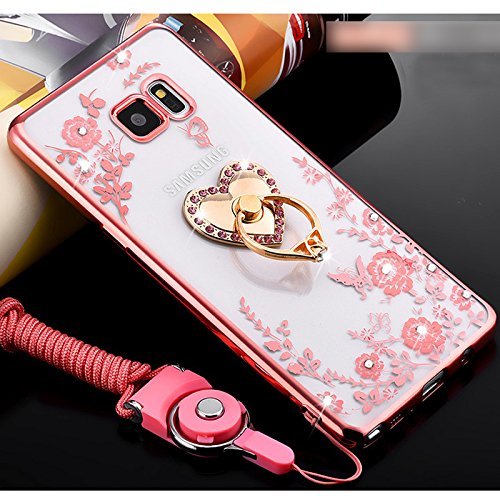 Preisvergleich Produktbild Herbests Kompatibel mit Samsung Galaxy Note 5 Silikonhülle Transparent Glitzer Handyhülle Diamant Strass Glänzend Silikon Handytasche Durchsichtig Schutzhülle mit Ring Ständer,Rose Gold