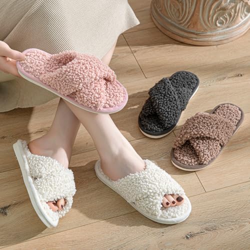 Fuzzy House Slippers for Women Memory Foam Cross-strap Slip-on Open Toe Furry Bedroom Indoor Oudoor Slides Slipper Shoes4