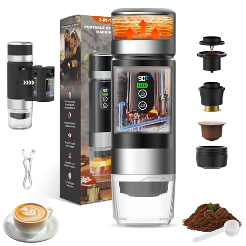 Trywise Tragbare espressomaschine Kaffeemaschine, 3-in-1 Reisekaffeemaschine, Elektrische Heizung, Wiederaufladbare 12V Kaffeemaschine, Kompatibel mit Espressokapseln und gemahlenem Kaffee (Schwarz)