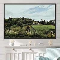 Framed Canvas Wall Art Greenlands Aerial Dark Farmhouse/Country Green Nature Photography Realism Relax/Calm - 16x24 inches