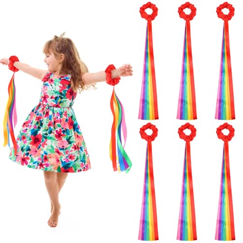 Image of VioraWhite 6 Pcs Rainbow Dance Ribbons for Kids Rainbow Rhythm Ribbons Elastic Wrist Streamers Hand Held Rhythm Streamers Gymnastics Dance Party Props for Adult Decor (0.8 x 19.7 Inch,Red)