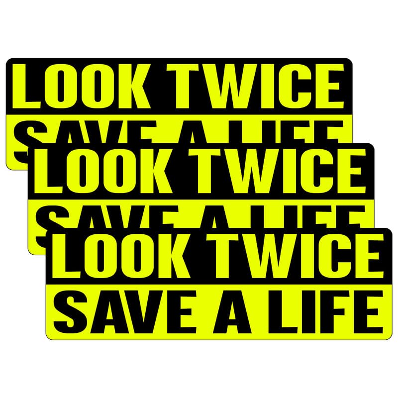 3Pack - 5Inch - Look Twice Save A Life Bumper Sticker - Look Twice Save A Life Sticker - Ver3_YL and BL BG - Funny, Gen Z Meme Sticker, White