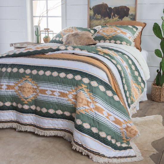 Rod's Zuma (Quilt Set) Southwest Aztec Ruffle - Deep Green, Sage, Tan, Sand, Gold and White - 3 Piece Bedding Set - (1) King Quilt (105x95in) and (2) King Shams (20x36in)