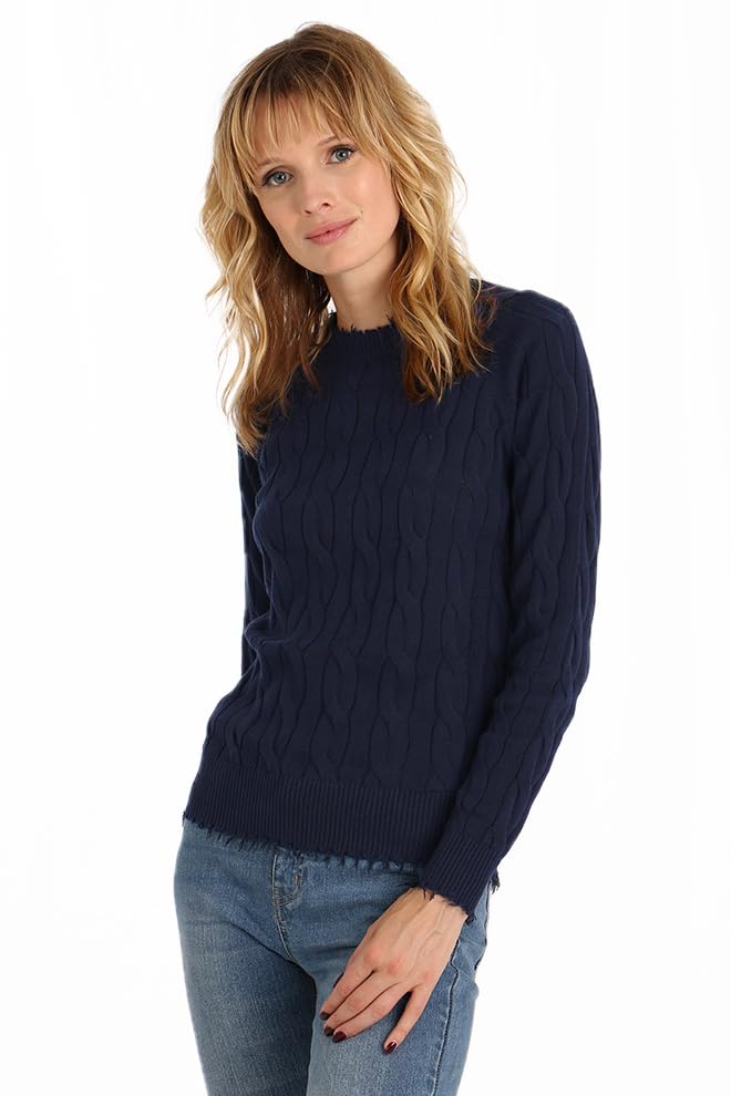 Image of Minnie Rose Women's Crewneck Cable Cotton Frayed Sweater