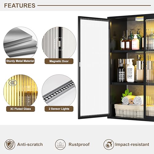 Image of Laundry Room Cabinets Wall Mounted, Bathroom Wall Cabinet with Glass Doors & LED Lights, Black Metal Medicine Cabinet for Bathroom, Kitchen, Living Room and Entryway