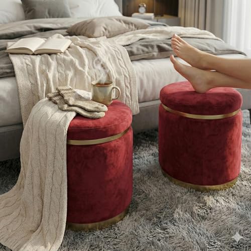 Image of Decorative Ottoman Pouffes for Sitting - Two-Piece Set of Puffy Stools and Footstools - Round Ottoman Stool for Living Room Furniture (Maroon)