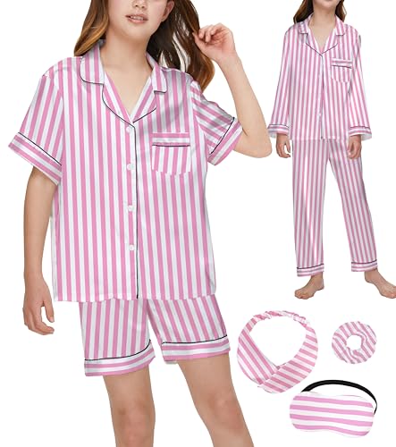 Recopilación de Pantalones de pijama para Niña los mejores 5. 49 SEALINF - 4 piezas de pijama de seda para niñas y niños, pijama de satén de manga larga, pantalones cortos, conjunto de pantalones cortos con máscara para dormir, Rayado...