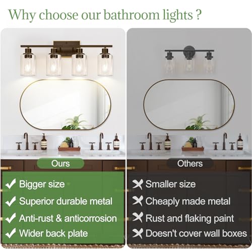 Image of Indoi 4-Light Bathroom Light Fixtures, Oil-Rubbed Bronze Modern Vanity Lights with Clear Glass Shades, Bathroom Wall Lamp for Mirror Living Room Cabinet Bedroom Porch
