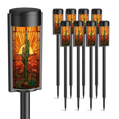 BVCAHSAW 8 Pack Solar Pathway Lights Outdoor Waterproof Vibrant Cactus Desert Sunset Stained Glass Western Border Solar Garden Lights LED Landscape Lighting for Yard Walkway Lawn Garden Decor