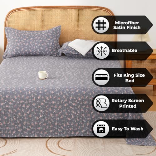 Image of Story@Home King Size Air Cotton Bedsheet 240 TC Flat Sheet with 2 Pillow Covers, Soft & Durable Bed Sheet for King Bed (250 x 270 cm, Floral Print, Dark Grey)
