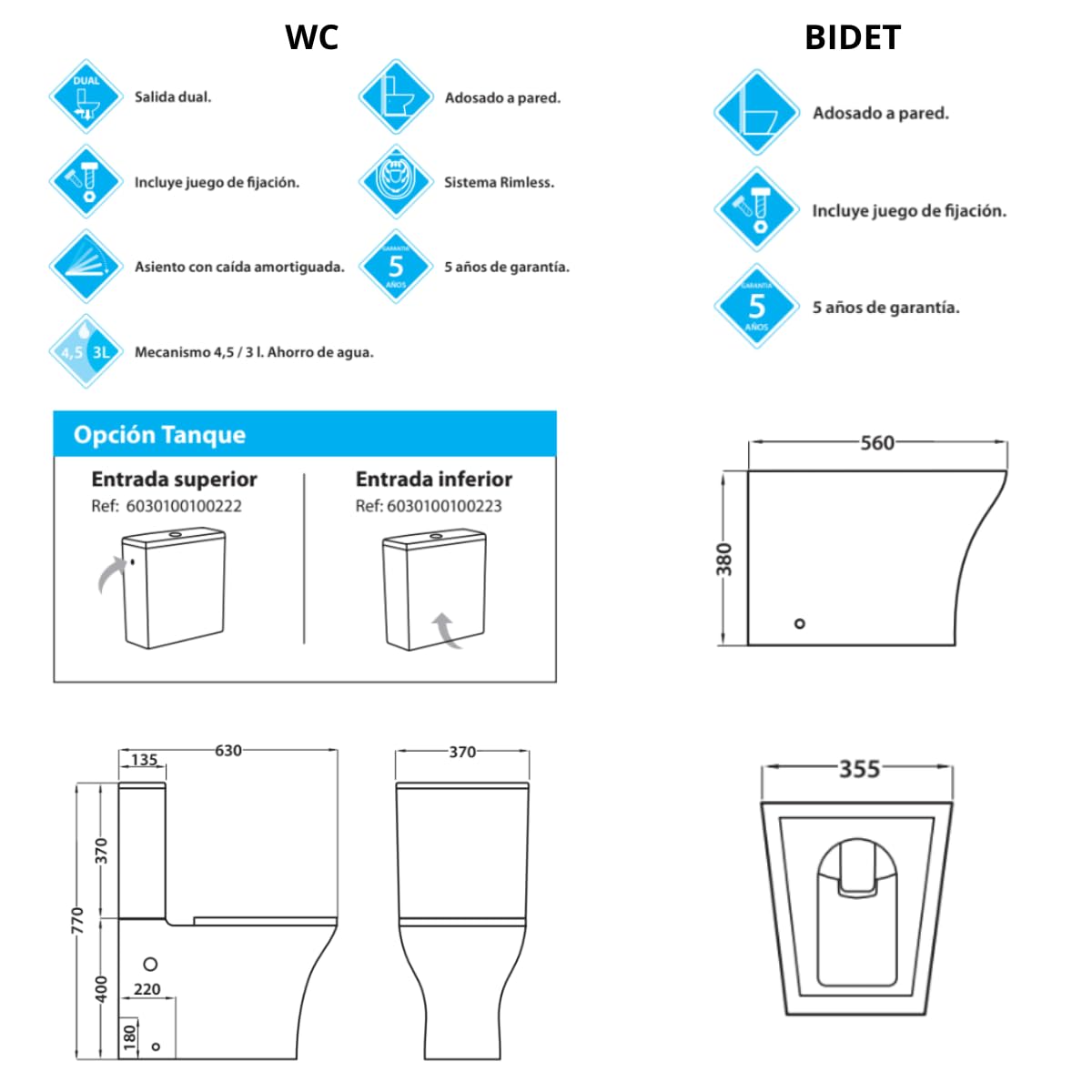 Pack Wc Inodoro Completo Ceramico Blanco Fondo Reducido Rimless y Tapa Extrafina Caida Amortiguada + Bidet a Suelo de Bano Moderno - Sin tapa y Facil Limpieza Olimp (Pack Wc + Bidet)