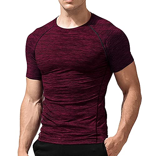Hombres Apretado Compresión Capa Base Manga Corta Camiseta Culturismo Tops Poliéster y Spandex 9305 Rojo S