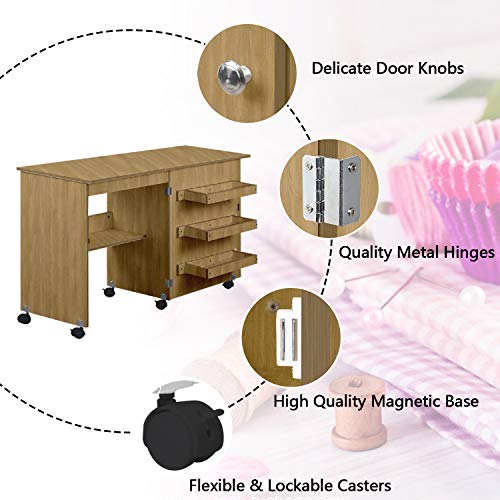 Folding Sewing Table Multifunctional Sewing Machine Cart Table Sewing Craft Cabinet Table with Storage Shelves Portable Rolling Sewing Desk Computer Desk with Lockable Casters (Walnut)
