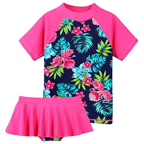 Image of BAOHULU Girls Two Piece Swimsuits Rash Guard Ruffle Bikini Skirt Short Sleeves Beach Dress Swimwear UPF 50+ 3-12Y