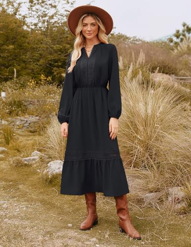 GRACE KARIN Womens Fall Dresses Lace V Neck Long Sleeve Tiered Flowy Maxi Dress Going Out Casual Dresses with Pockets2