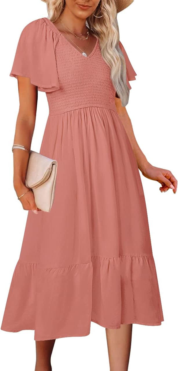 MEROKEETY Women's Summer Casual V Neck Ruffle Sleeve Smocked High Waist Midi Dress with Pockets