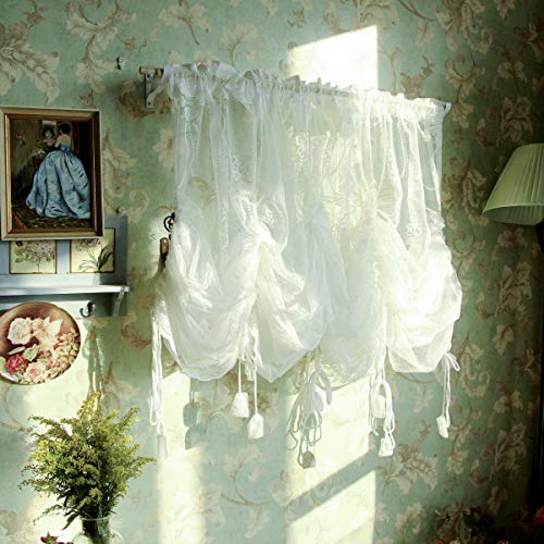 Fadfay Balloon Curtain Adjustable Tie-Up Off White Lace Semi Sheer Window Curtain Shade European Style Embroidered For Living Room Bedroom 1 Panel 78" 90" #TOP6