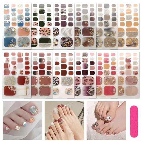 JSRQT 12 Hojas Pegatinas Esmalte de Uñas Pies, Full Cover Toenail Art Stickers Diamante Brillantina, Calcomanías Etiqueta Engomada Uñas Pies Autoadhesivas con Lima de Uñas para Arte de Uñas Bricolaje