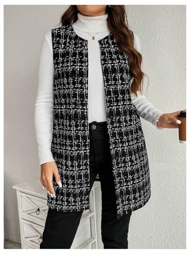 MakeMeChic Women's Plus Size Blazer Vest Plaid Open Front Sleeveless Work Outerwear Jacket4