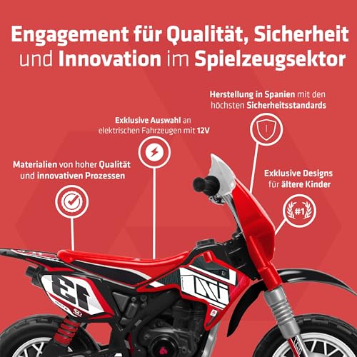Elektro Cross Motorrad Kinder ab 3 Jahre 12V + Gaspedal + Stützräder – Dirtbike Kindermotorrad Akku – Realistisches Design + Elektrische Bremse + Räder mit Gummiprofil | INJUSA Thunder Max VX Rot – Bild 4