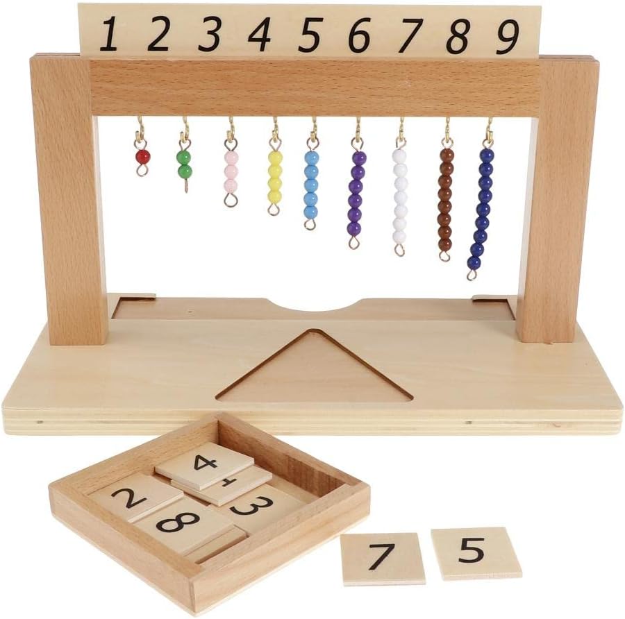 HEAVENGLOW Montessori Toy Beech Wood 1-9 Hanging Beads Frame w/Beads Bar al