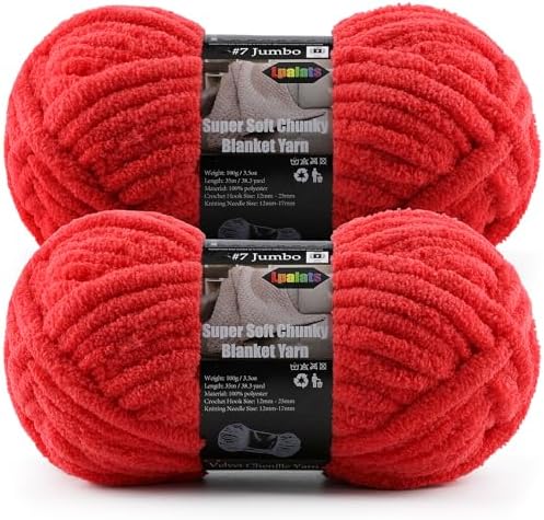 Chunky Chenille Yarn for Crochet and Knitting – 2-Pack Super Soft Jumbo Yarn – 20 Vibrant Colors – 7oz/200g Total, 76.4 Yards – Ideal for Baby Blankets, Amigurumi & Crafts (Red, 2 Skein)