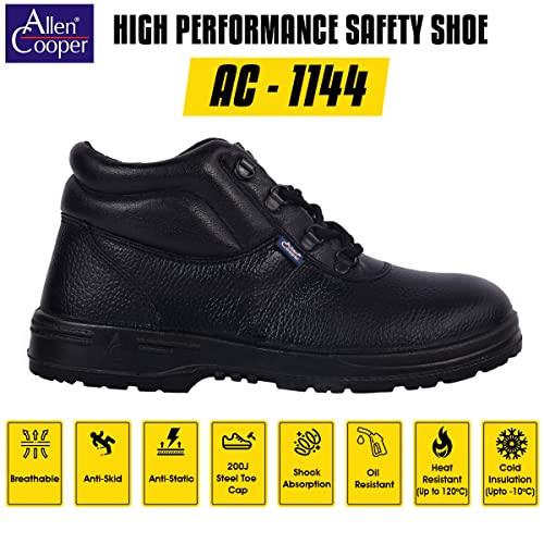 Allen Cooper AC-1144 High Ankle DIP-PU Sole, Safety Shoe (Black, Size 8)