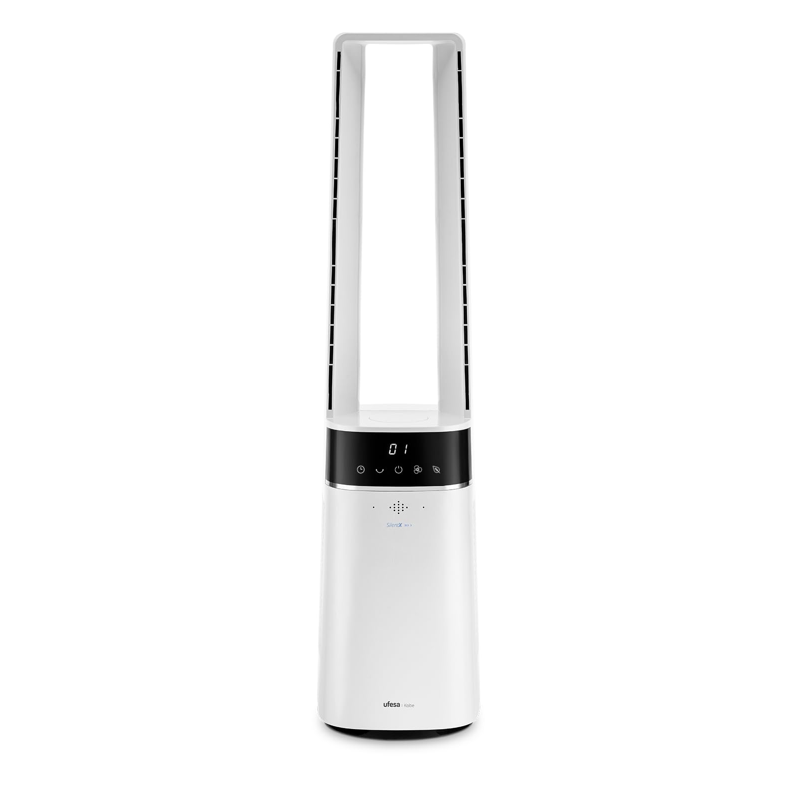 Ufesa Ventilador sin Aspas Kobe SilentX 35W, Motor Brushless, 12 Velocidades, 2 Modos de Viento, Oscilación 75º, Pantalla LED, Temporizador 12h, Mando a Distancia, Altura 86 cm