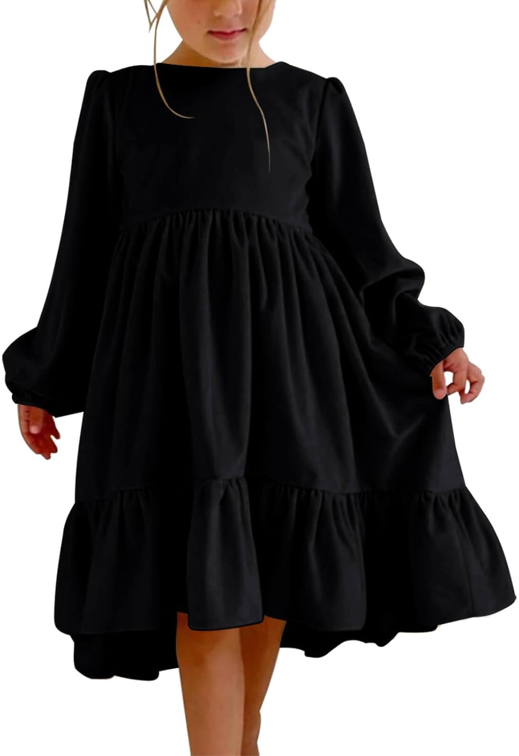 Haloumoning Girls Velvet Dress Long Sleeve Crew Neck A-Line Tiered Elegant Party Holiday Dresses 5-14Y