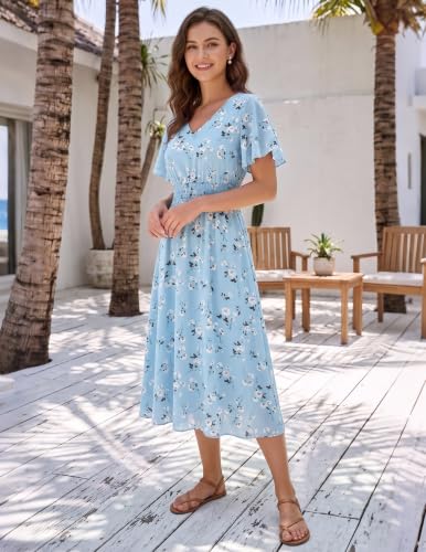 Image of Gardenwed Chiffon Floral Dresses Summer Midi Wedding Guest Dress V Neck for Women Elastic Waist