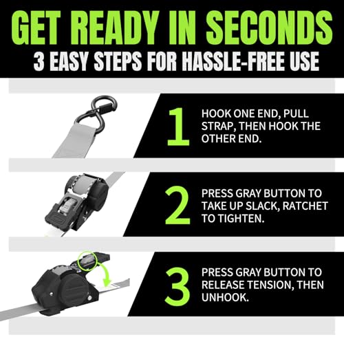 Image of Retractable Ratchet Straps, 4-Pack, 1 Inch x 12 Feet Heavy Duty Tie Downs, 1760lb Break Strength, Self Retracting for Truck, Cargo, Trailer, Motorcycle, ATV, UTV (Grey, 4pack)
