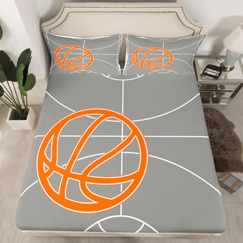 jejeloiu Basketball Fitted Sheet Twin Size Kids Sports Game Bedding Set for Boys Girls Teens Gray Bed Sheet Set