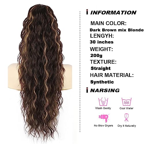 PORSMEER 28 inches Ponytail Extension Black Mixed Blonde Long Beach Wave Drawstring Clip in Pony Hair Extension Synthetic Pony Tail Hairpiece for Women - Image 2