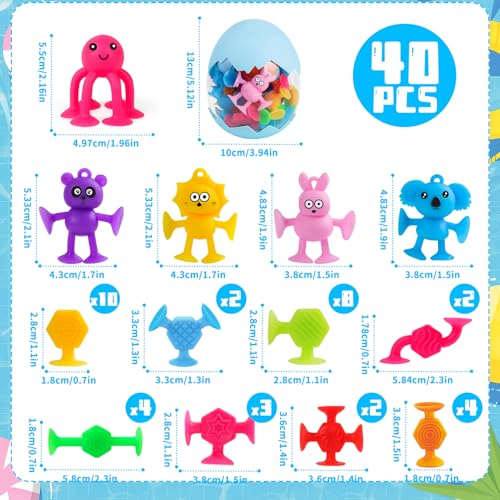 40 Stück Saugnapf Spielzeug, Montessori Spielzeug ab 3 Jahre, Silikon Sensorik Reise Spielzeug mit Dinosauriereier Stressabbau-Spielzeug Autismus Bausteine Geschenke für 4 5 6 7 8 Jahre Jungen Mädchen