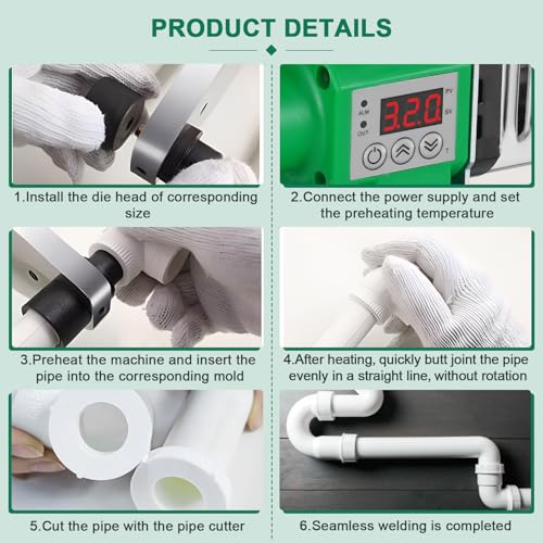 JIAWANSHUN Plastic Water Pipe Welder 110V Plastic pipe welding tool PP/PP-R/PE/PP-C Pipe Welding Machine with 0.79/0.98/1.26/1.57/1.97/2.46in Die Head (M63) by JIAWANSHUN - Image 6