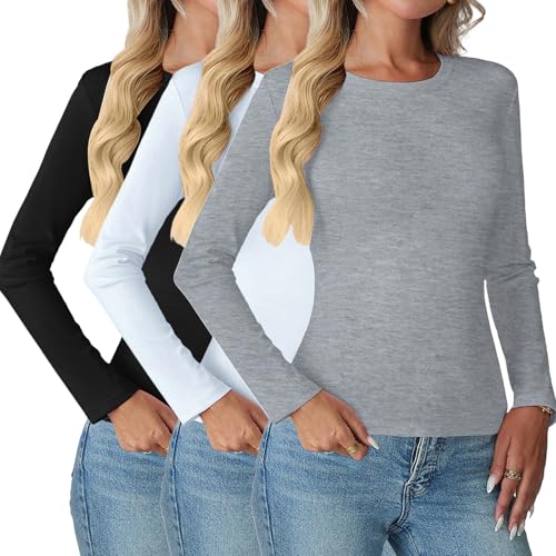 Women's Cotton Long Sleeve T Shirt Slim Fit Crewneck Basic Tee Shirts Tops Casual Soft Layering Undershirts
