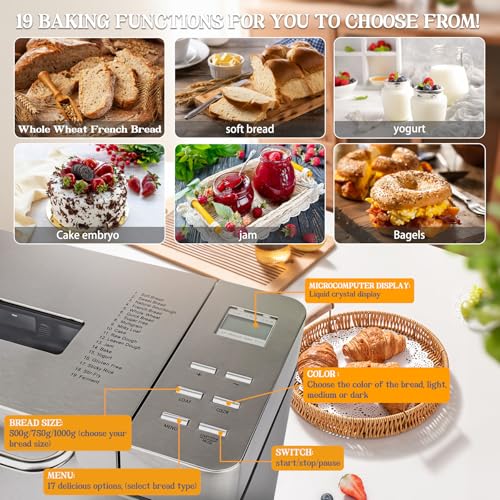 WEIMILOR Máquina de Pan de Acero Inoxidable, panificadora 17 en 1 de 2 Libras con dispensador de Frutos Secos, sartén de cerámica Antiadherente y Panel táctil Digital, 3 tamaños de Pan - imagen 5