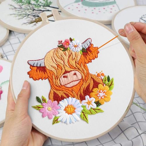 Image of Louise Maelys 3 Sets Embroidery Kits for Beginners,Cross Stitch Kit for Adults,Starters DIY Needlepoint Including Hoop -Highland Cow and Florals Pattern