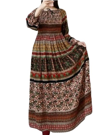 Image of Women's Cotton Dress Jaipuri Sanganeri Print Midi Long Dress Printed Fit and Flare Maxi Dress A-Line Gown Dress Maxi Skirt, Mandala (Free Size)