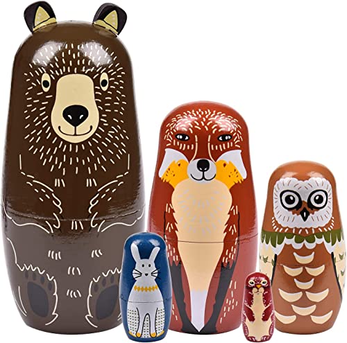 Image of Maxshop 5 Pieces 6" Tall Cute Nesting Dolls - Matryoshka Doll Handmade Wooden Dolls Cartoon Animals Pattern Toy Gift Small Items (Brown)