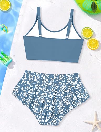 Image of Qaoerde Girls Swimsuit Tropical Print Bikini Set with Ruffle Hem Two Piece Criss Cross Bathing Suits for Girls 7-16 Years