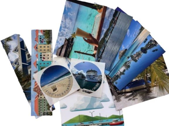 Caribbean Cruise & Travel Stationery Set – 6 QR Code Postcards, 2 Bookmarks & 80mm Waterproof Stickers