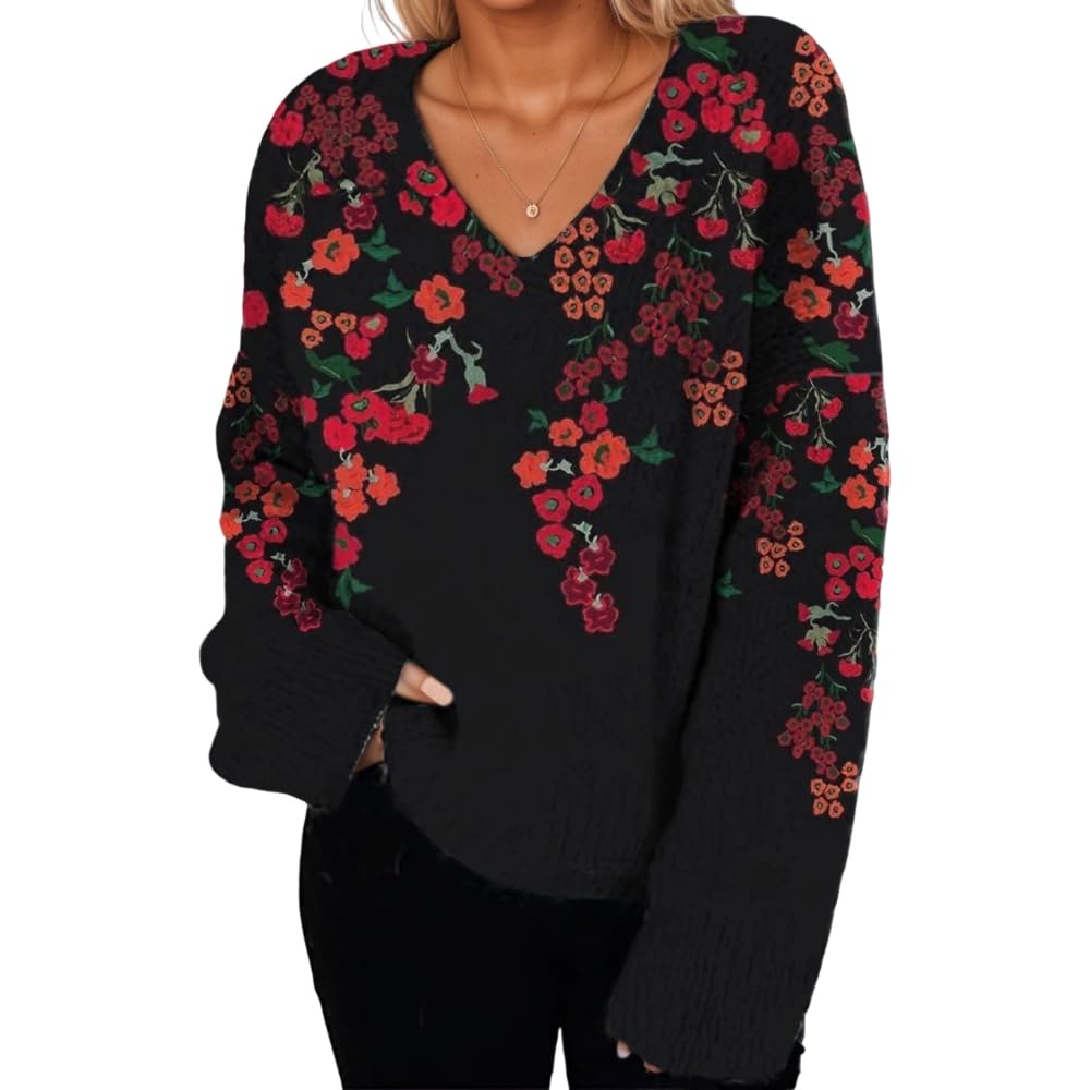 Womens Fall Winter Colorful Floral Graphic Long Sleeve Oversized Knit Sweater Spring Casual V Neck Pullover Tops